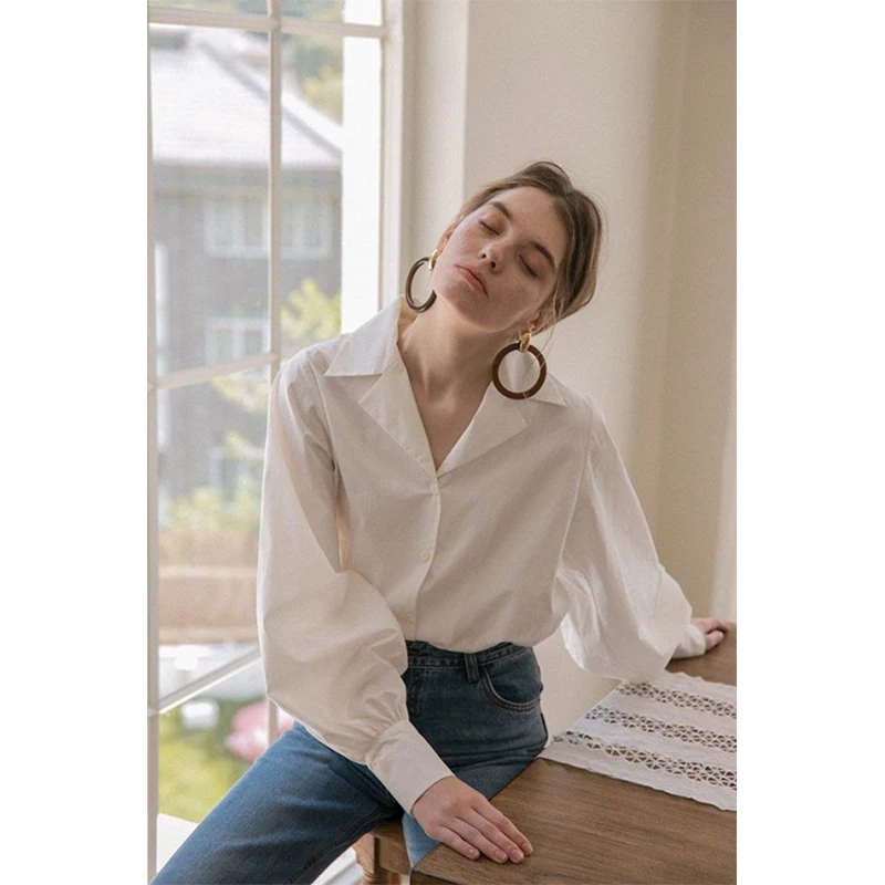 Pure Cotton White Shirts Women Vintage Elegant Lantern Long Sleeve Blouses Ladies Korean Single Breasted All Match Chic Tops New