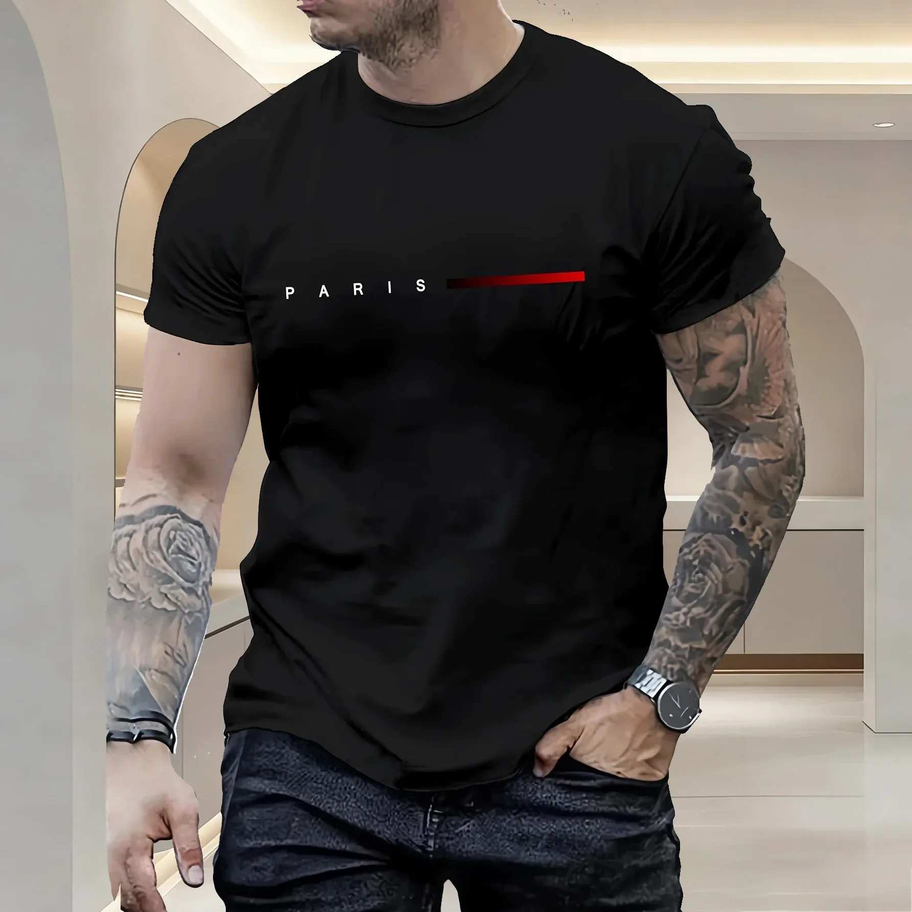 

Мужская модная и универсальная летняя свободная футболка с креативным принтом в стиле Париж, повседневная, приталенная, с круглым вырезом, с короткими рукавами
