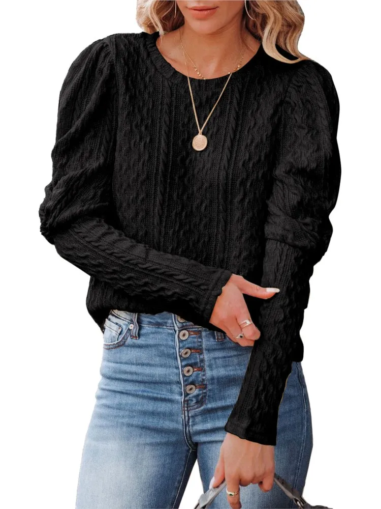 Autumn Winter New Women's Solid Color Jacquard Round Neck Sheepskin Sleeve Long Sleeve Casual Round Neck Knitted Sweater Top