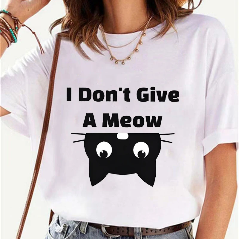 I Don'T Give A Meow Black Cat T-shirts Women Oversized Clothing Short Sleeve Tees Sweatshirt Fashion Tops Comfortable Blouses