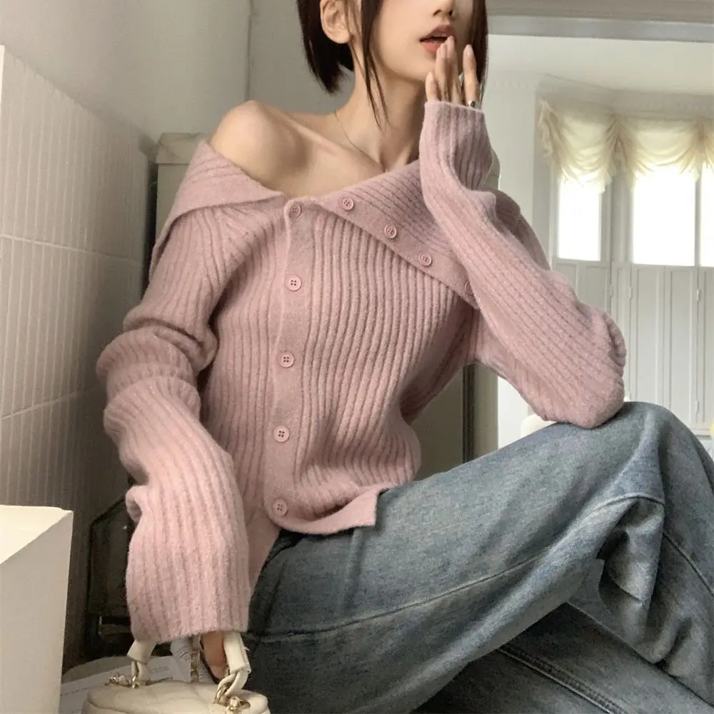 2024 Women Sweater Button Off Shoulder Cardigan Kintted Jacket Long Spring Autumn Loose Winter Warm Jumper Coat Cardigans