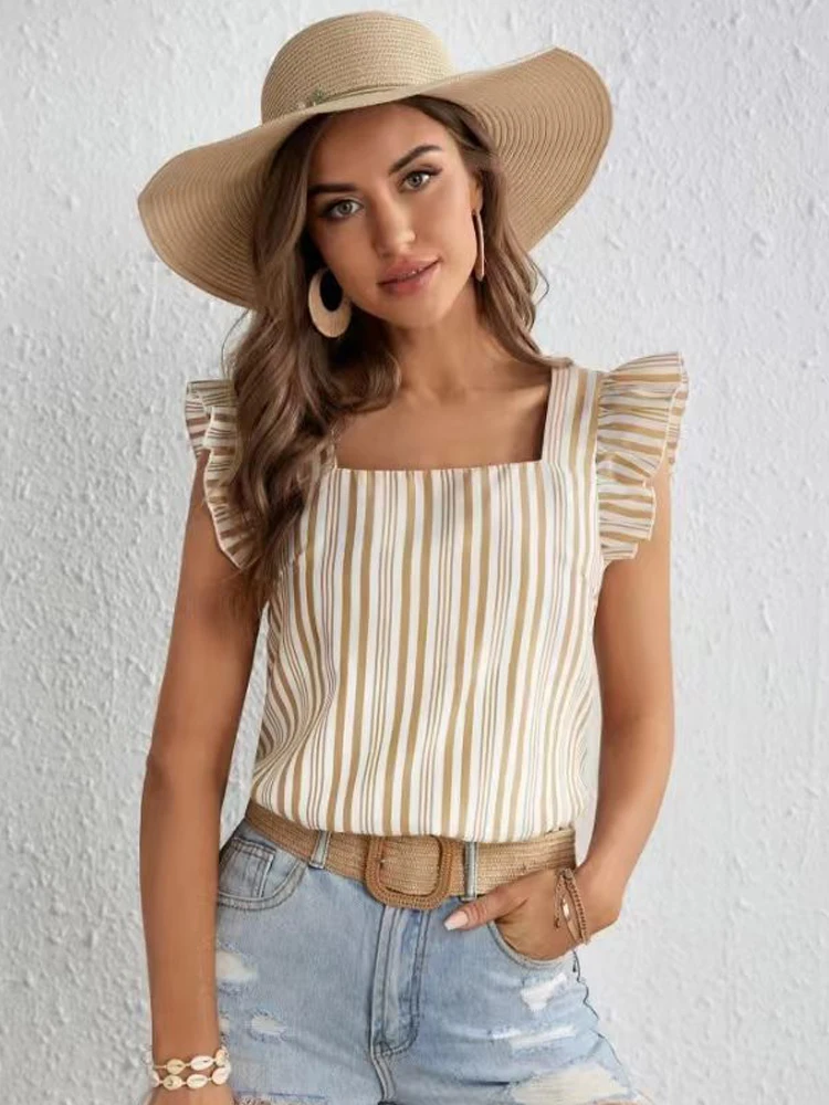 

Zadily 2025 Summer Women's Striped Square Neck Chiffon Top Ruffle Sleeve Casual Vacation Slim Fit Summer Blouse