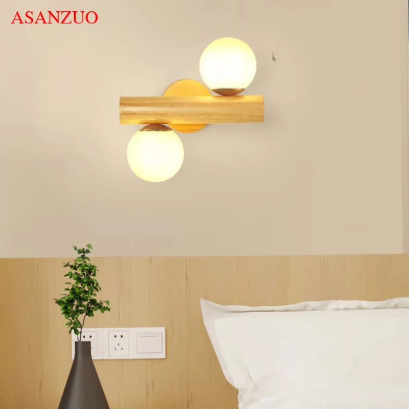 Nordic Bedroom Glass Wall Lamp Wooden Style Magic Bean Wall Lamp Modern Living Room Universal Double Head Wall Lights