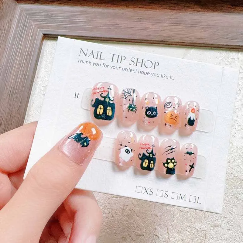 10枚入り ハロウィン キャットアイ パンプキン キュート ゴースト キャットアイ 手描き風 漫画風 雰囲気感 プレスオンネイル ネイルパッチ つけ爪