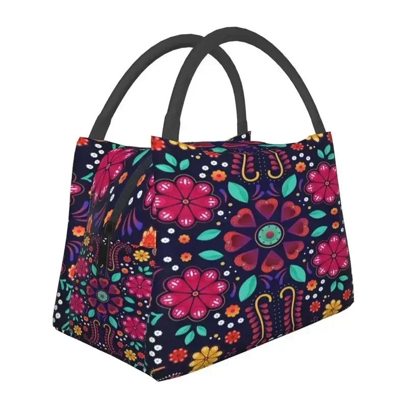 

Elegant Mexican Floral Insulated Lunch Bags for Women Leakproof Mexico Flowers Cooler Thermal Bento Box Beach Camping Travel