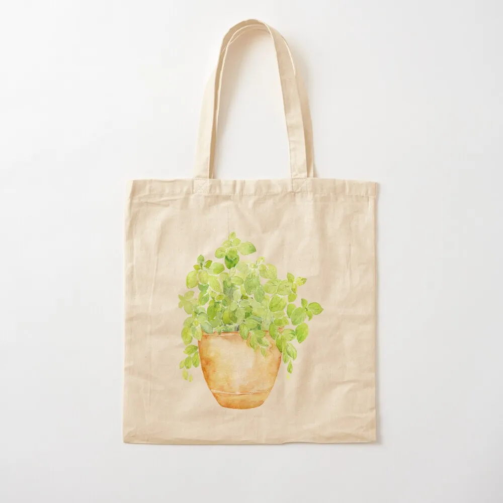 

Watercolor herb basil in pot Tote Bag women bag supermarket folding bag Canvas Tote