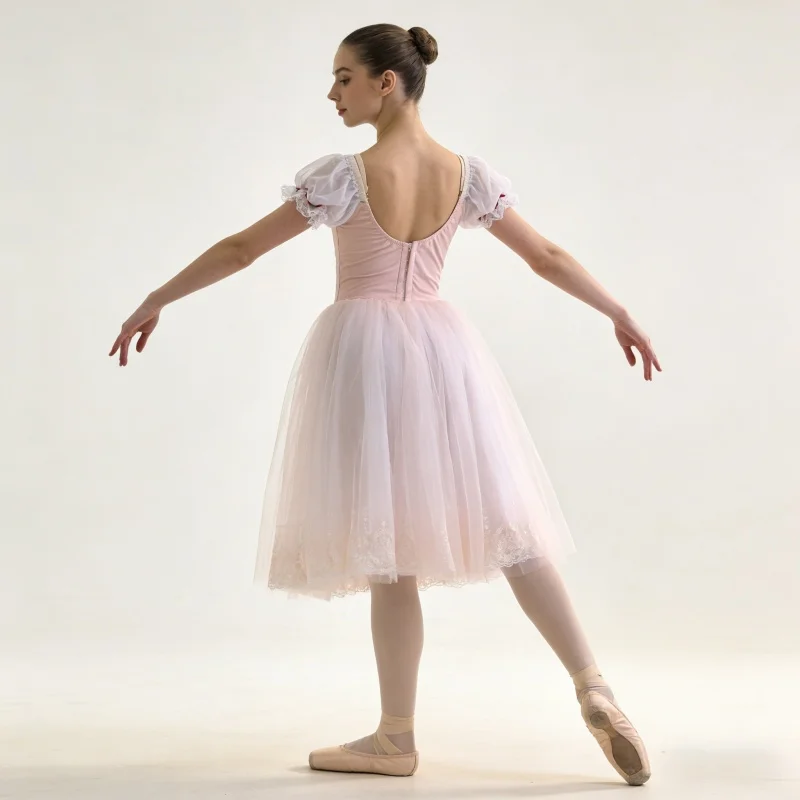 Womens Puff Short Sleeve Ballet Performance Dress Contrast Lace Apron Mesh Long Skirt Design Dancewear Suitable For Stage Shows
