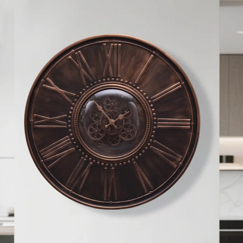 70cm factory price creative oversized vintage round dynamic gear metal wall clock home décor antique gear moving wall clock