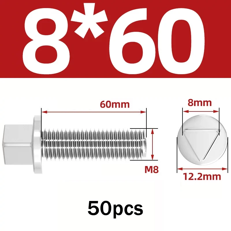 50pcs M8x60mm 304 Stainless Steel External Triangular Head Anti-theft Screw with 1pcs M8 Wrench