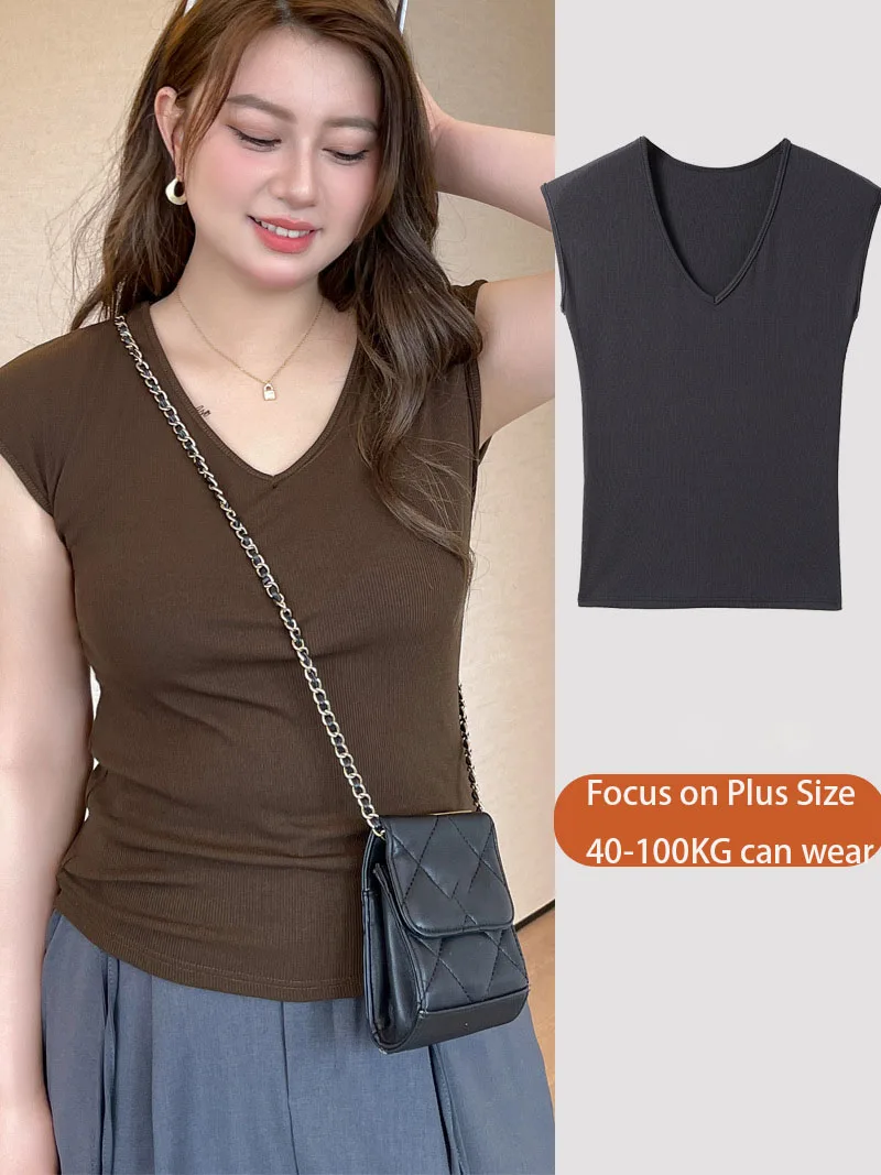 늑골이있는 여성용 캐미솔 빅 사이즈 40-100KG 솔리드 컬러 민소매 탱크 탑 v 넥 캐주얼 한국 여성 아웃웨어 C5771 착용 가능