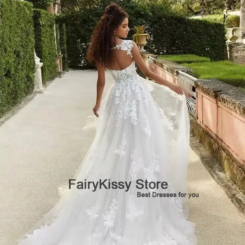 FairyKissy مثير الخامس الرقبة الدانتيل يزين فستان الزفاف طول الأرض تول زي العرائس طويل الأميرة فساتين زفاف vestido novia