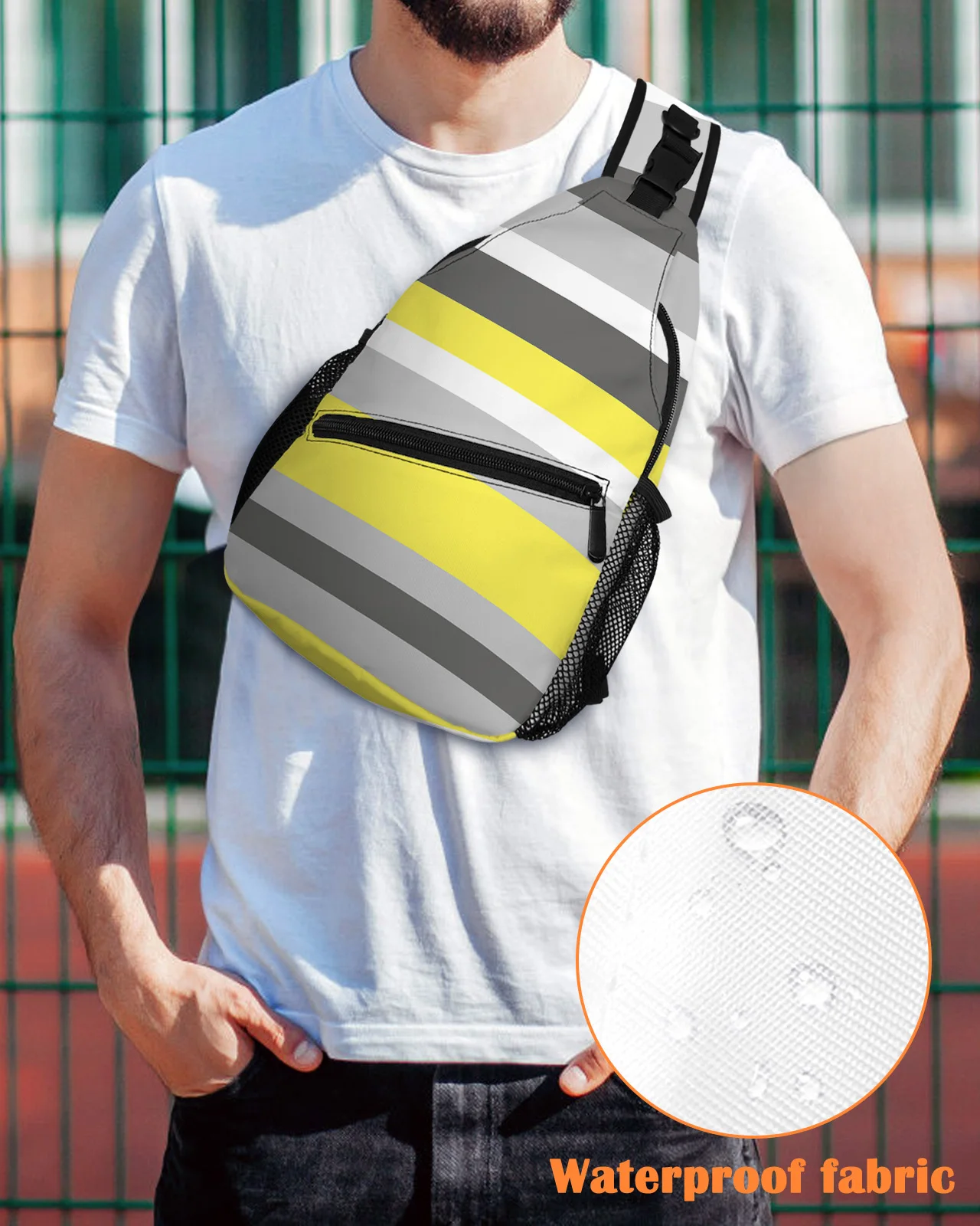 Yellow Gray White Stripes Geometric Chest Bag for Men Casual Sports Shoulder Bag Women's Travel Waterproof Messenger Bag