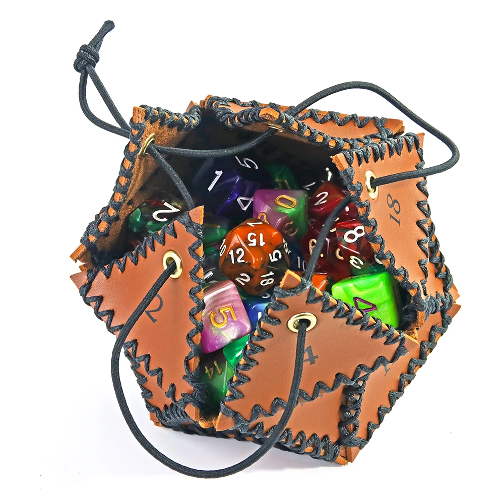 20 Sided Box with Strawstring 1pc Brown PU Leather Dice Goods Storage for Table Borad Accessories,115mm