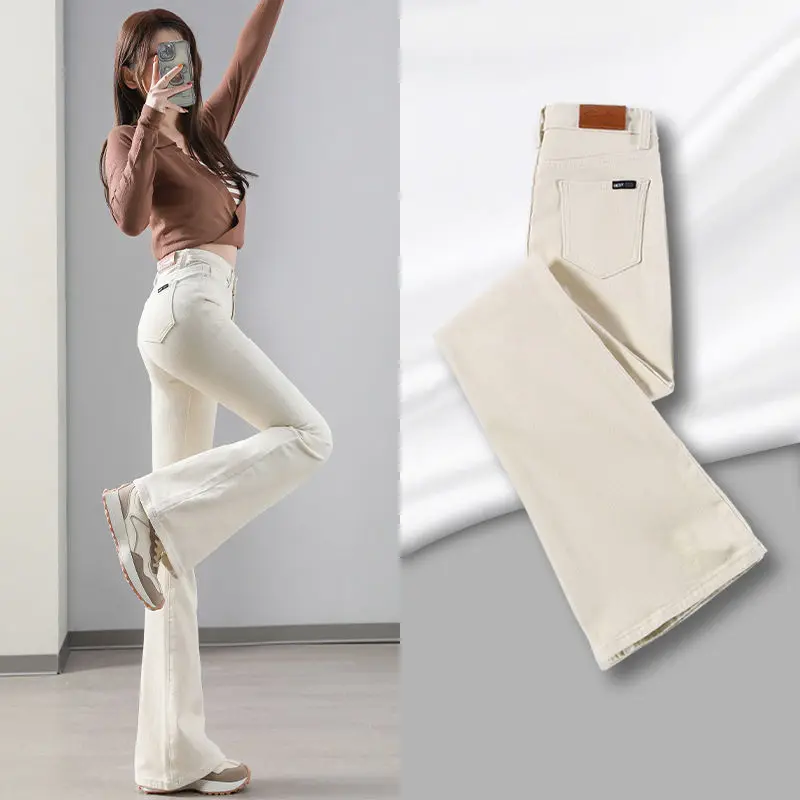 Women Beautiful Slimming Fit Flared Denim Jeans Spring Autumn Winter Velvet Hot Lining Thicken Warm Flare Pants White XT1446