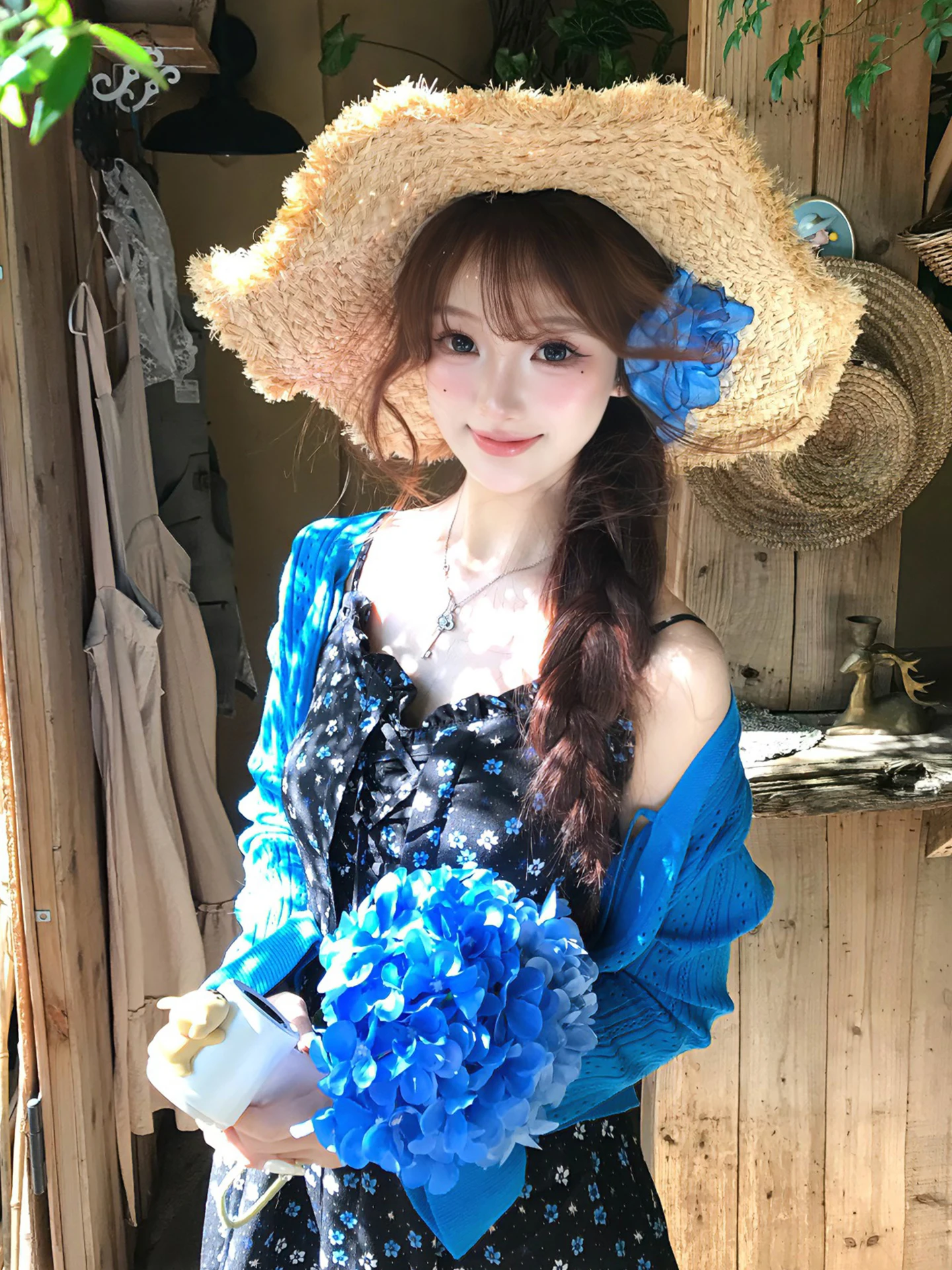 Early Autumn Blue Floral Trim Dress Slim Fit Two Piece Set Dopaamine Atmosphere Sensation Complete Outfit Short Open Cardigan