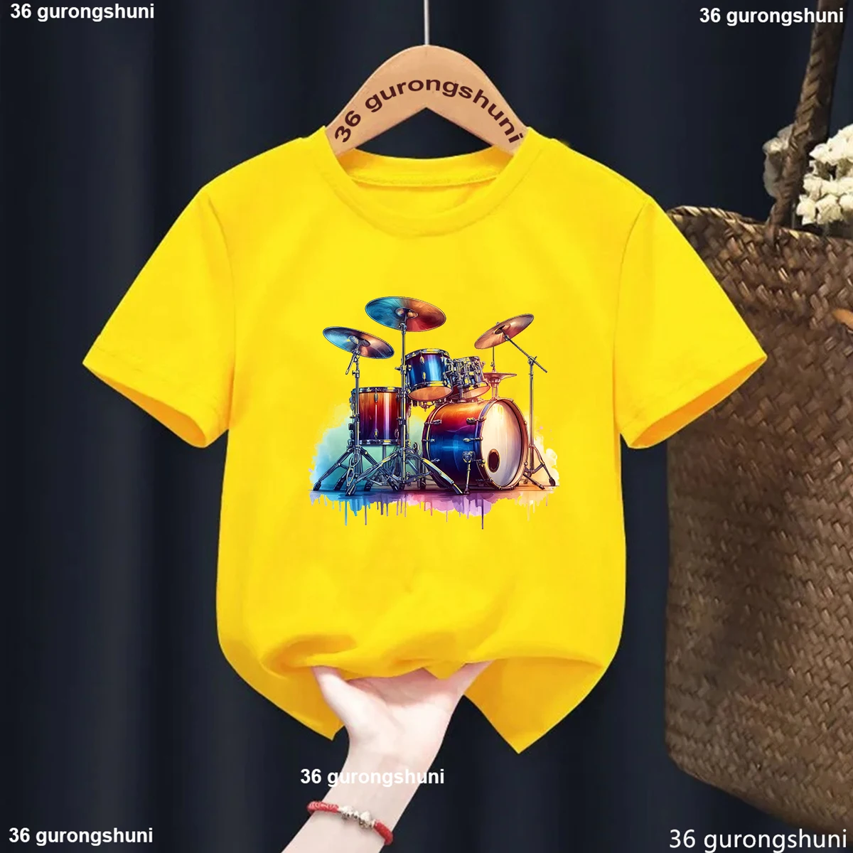 

Newly Instrument Enthusiasts Drum Printing Kids T Shirt Tops Fashion O-Neck Kids Short Sleeve Tees Boys Yellow Tshirt Wholesale