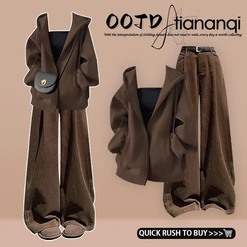 

American Retro Zipper Hoodie Jaet Women's Autumn Versatile Knitted Straight Leg Wide Pants Set Faionable Two-Piece Suit