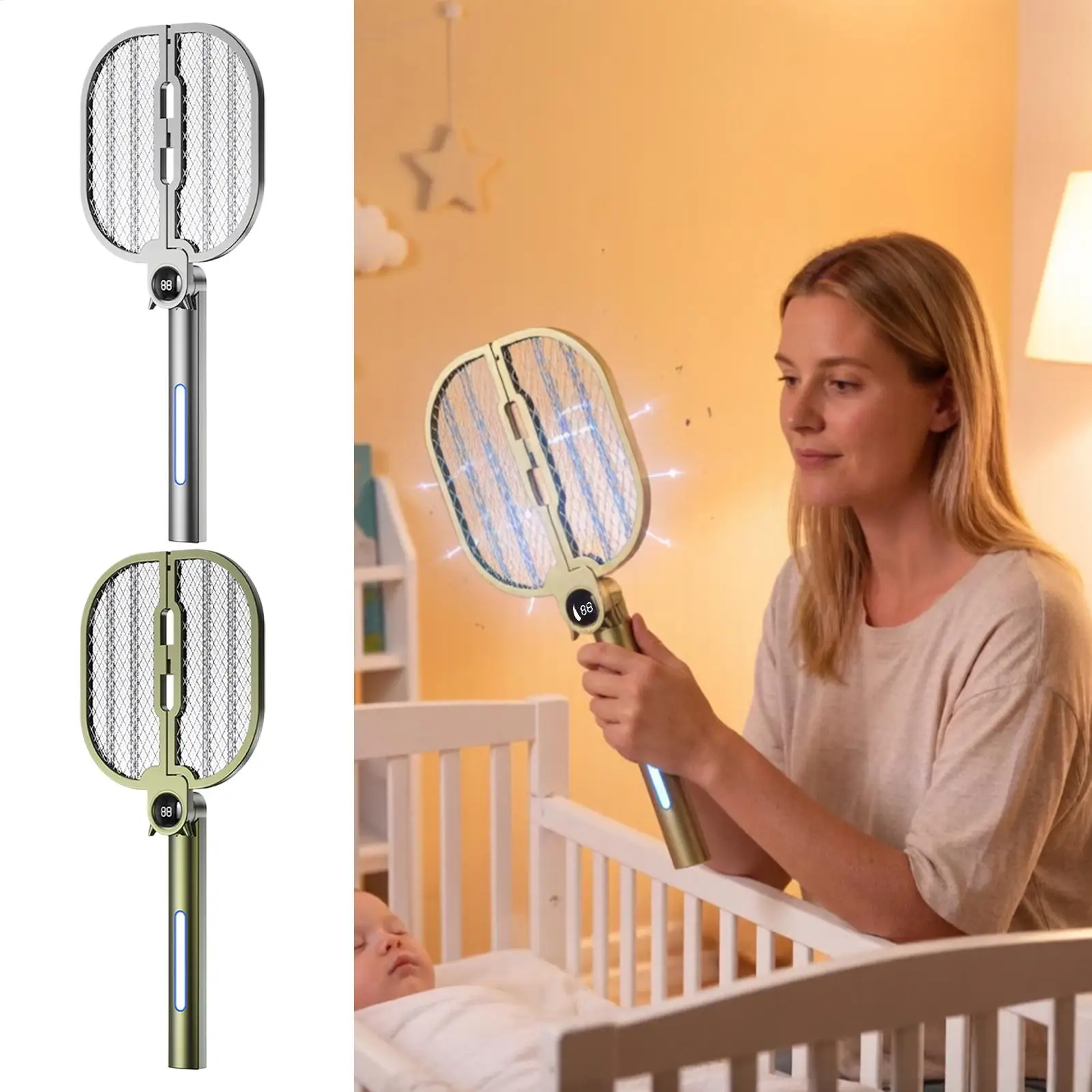 Fly Zapper Racket 2-in-1 Rechargeable Foldable Trap Racket For Gnat Portable Fly Swatter For Outdoor Home Patio Backyard Porch