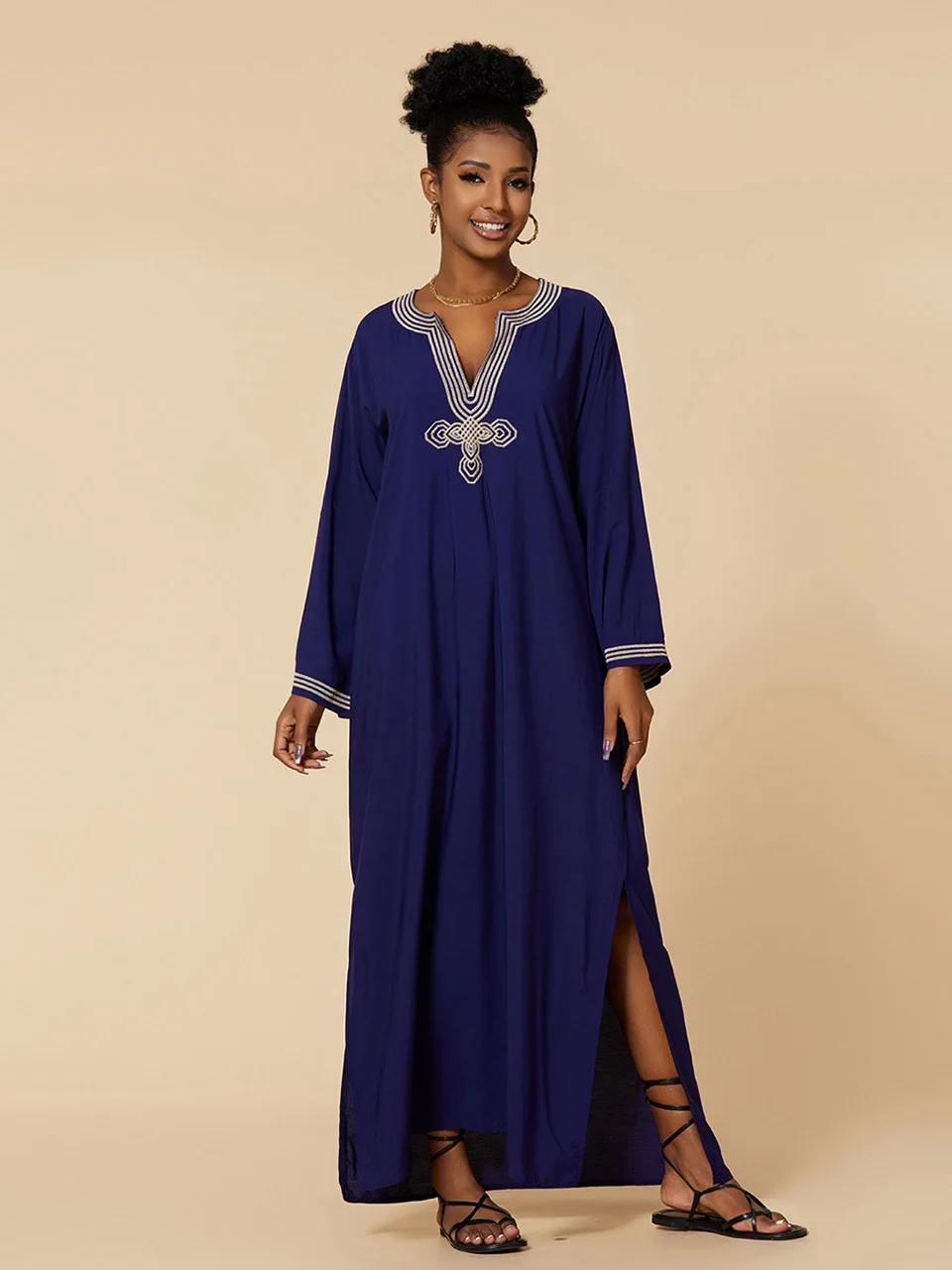 2023 New Sexy Beach Cover Up Long Kaftan Solid Embroid V-neck Dress Woman Bathing Suit Kimono Summer Beachwear Long Dress Robe