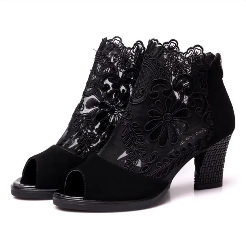 Spring Summer New Women\'s High Heels Shoes Platform Ladies Thick Heel Sexy Black Lace Peep Toe Sandals Fashion Women Dress Shoes