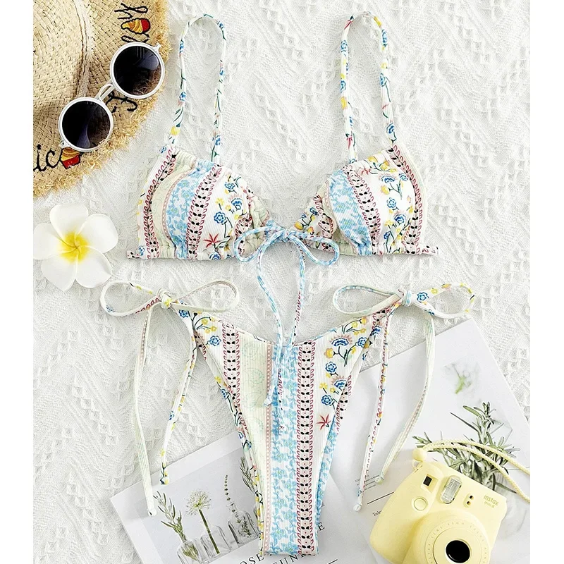 Maillot de bain à imprimé floral, string, bandage, bikini, ensemble deux pièces, pour femmes, sexy, push-up, vêtements de plage, col licou, été, 2022