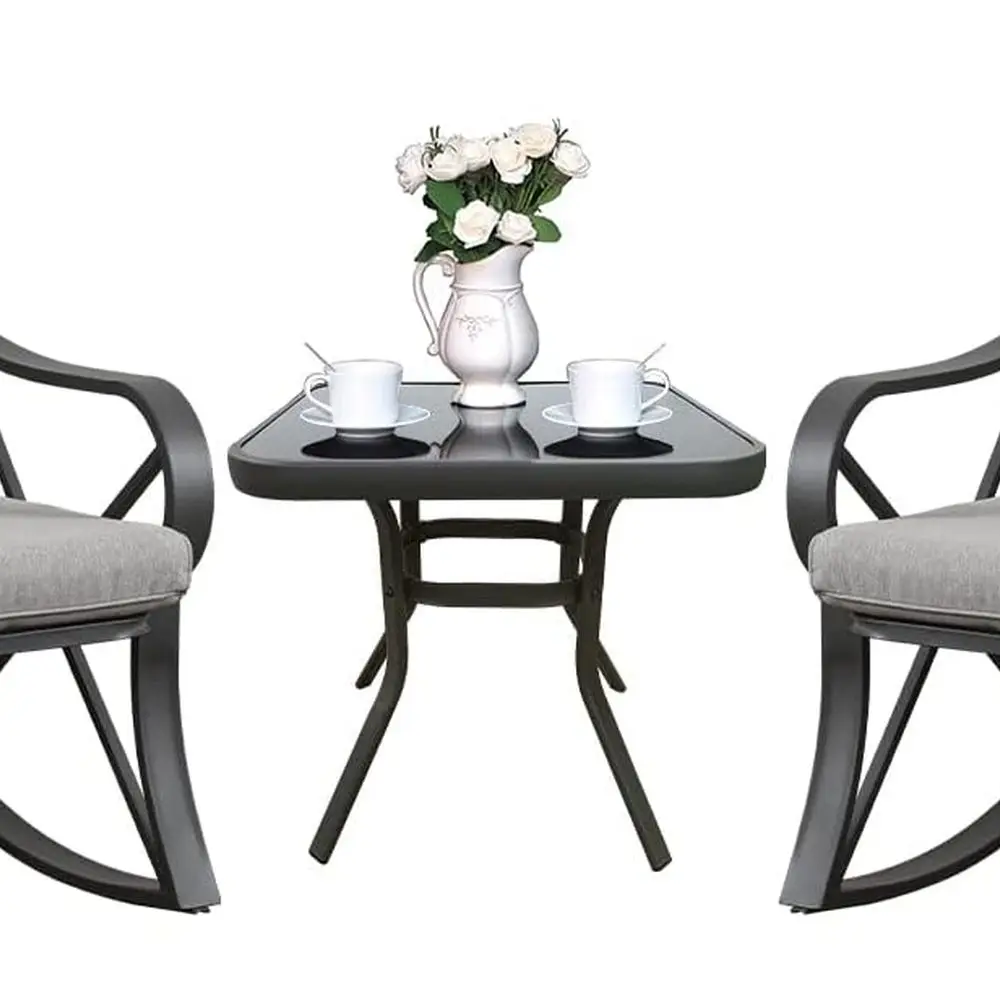 

Outdoor Patio Rocking Chairs Set with Warm Gray Cushions and Glass-Top Table for Garden and Backyard Use