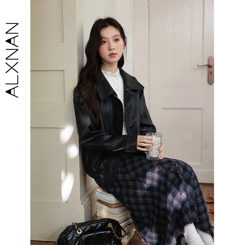 ALXNAN jupe à carreaux automne hiver rétro boutons en métal grand ourlet taille haute jupes élégance doux polyvalent vêtements pour femmes L58628