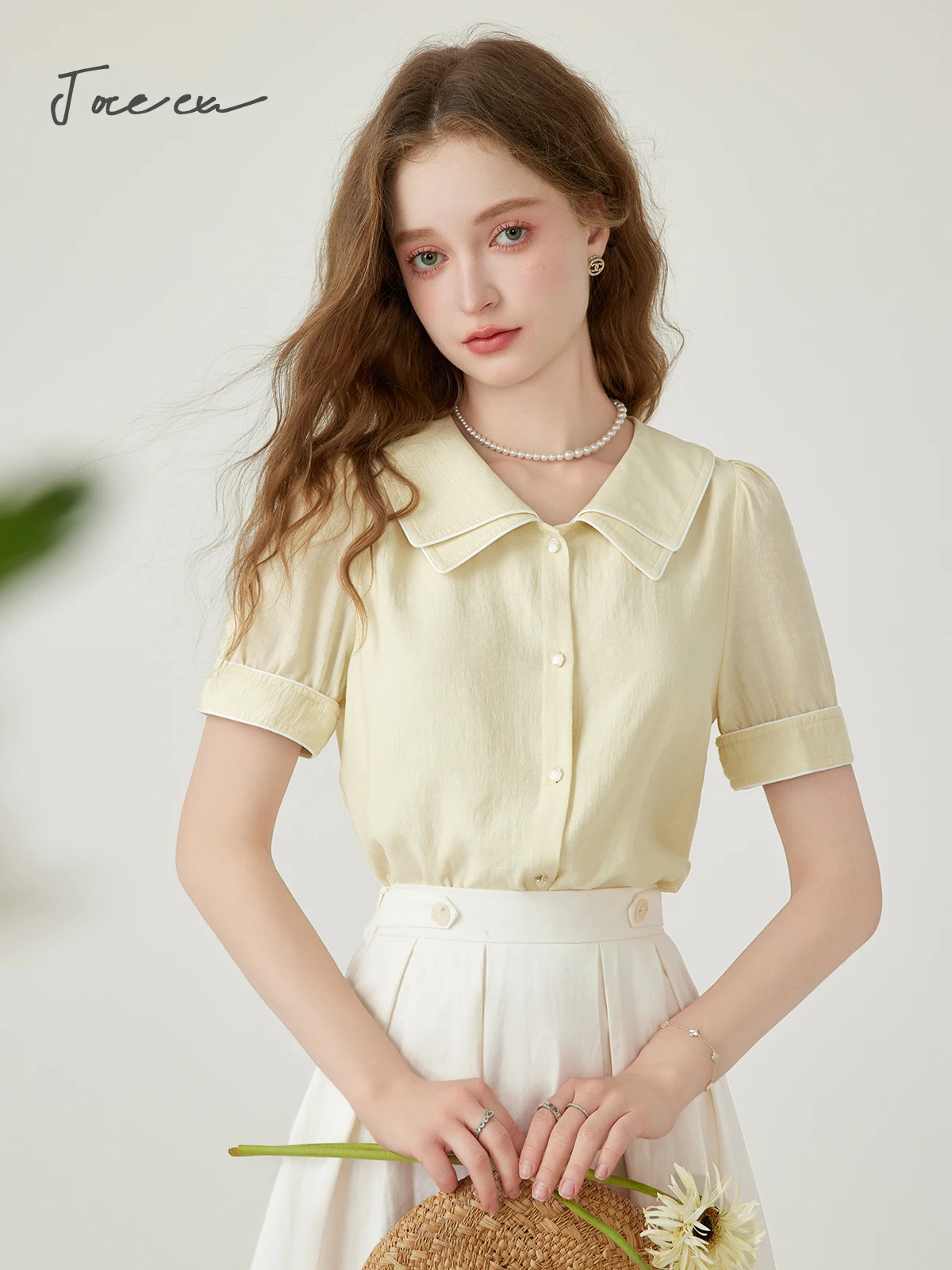 JOREEU Summer Double Polo Collar Sweet Shirt donna 2024 Fashion Solid Simple Loose Button Up camicetta manica corta donna T01609