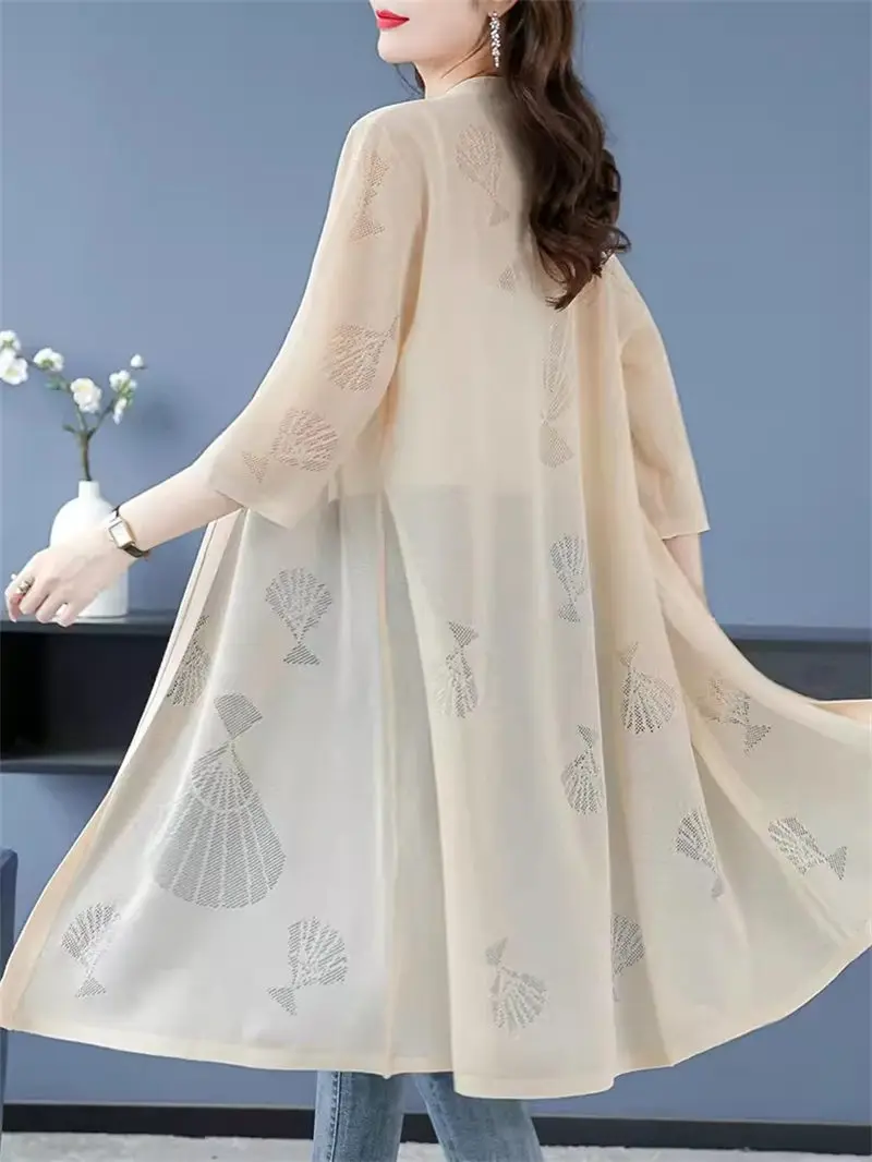 

Summer New Mulberry Silk Loose Hollow Women's Thin Ice Silk Shawl Medium Length Outer Layer Cardigan Knit Jacket Cloak K1742