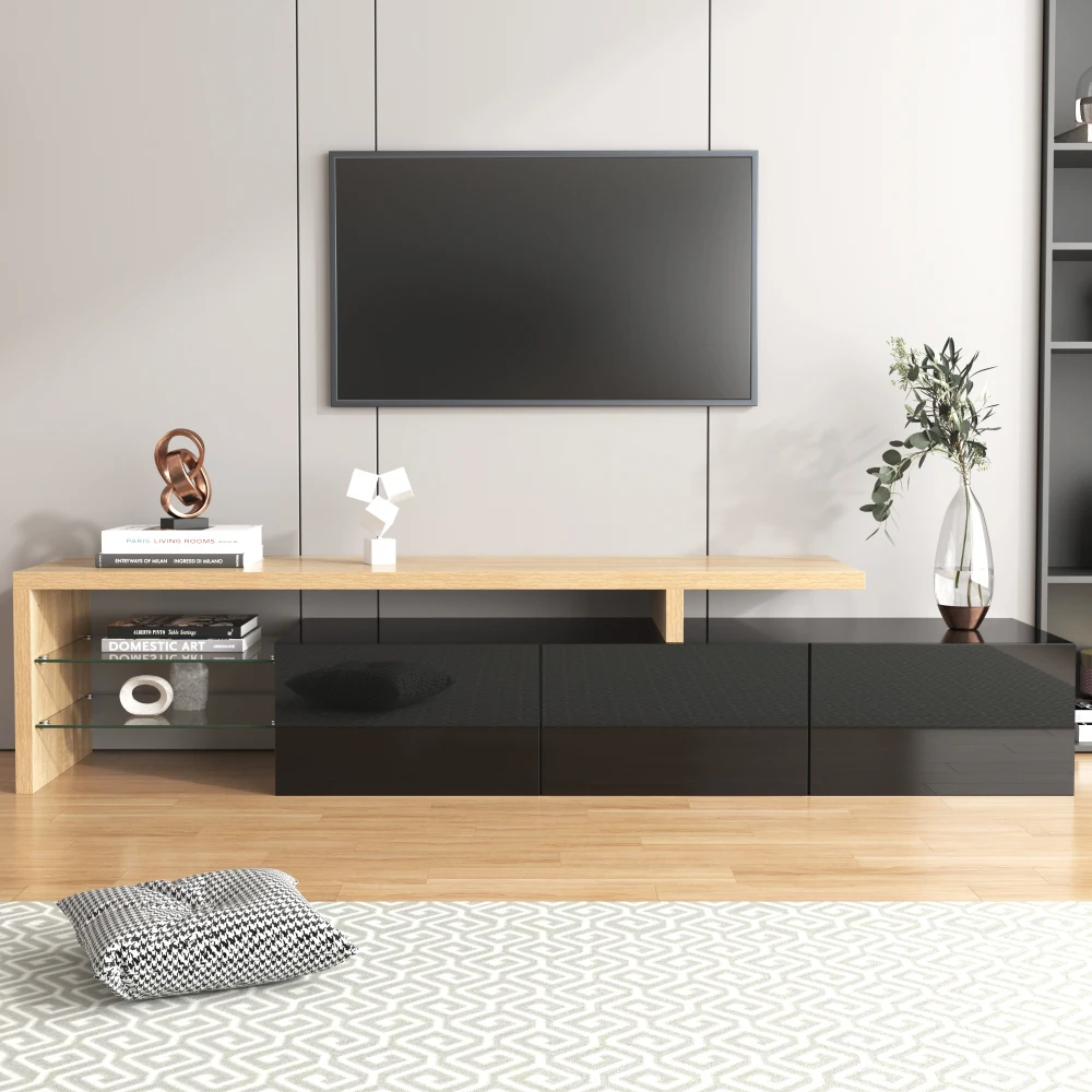 Meuble TV moderne PINGGO, finition noir brillant, verre optique en bois, éclairage LED au sol, élégance stylée, rangement pratique