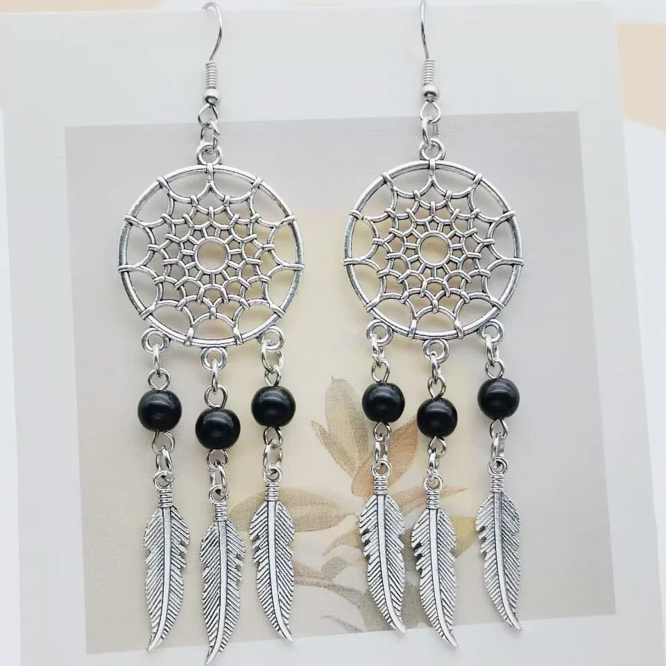 Bohemian Dream Catcher Women\'s Long Earrings Feather Black Beads Pendant Tassels Vintage Geometric Earrings Fashion Jewelry Gift