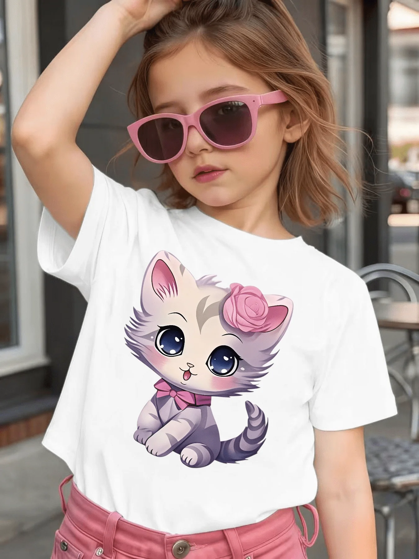 Cute Kitten Pink Rose Bow Graphic Kids Tee Boys Girls Family Matching Cotton Crew Neck Short Sleeve Soft Casual Summer Tee