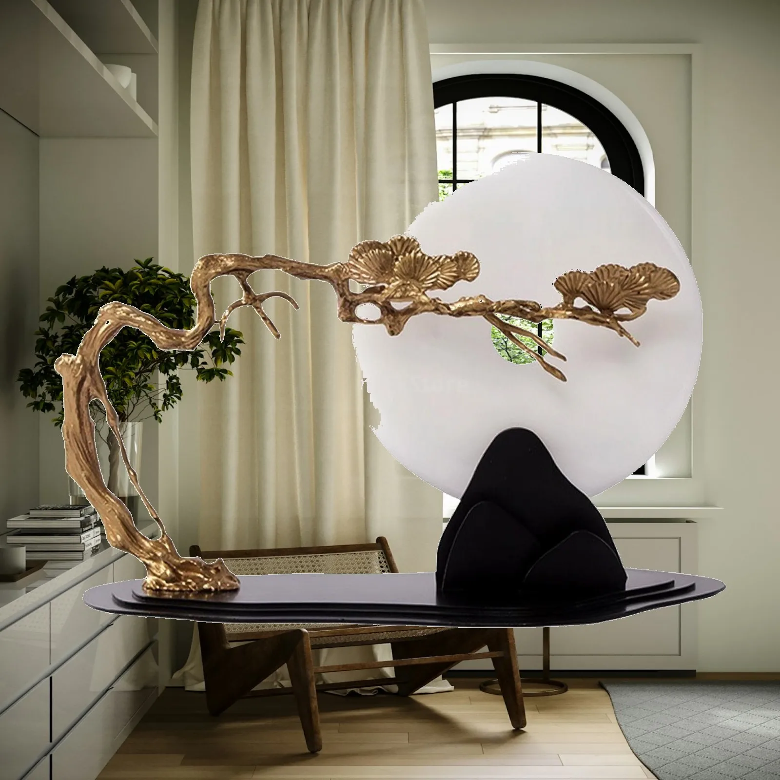 Tabletop Decor Sculptural Chinese-Style Circular Stone Disc Ornament for Living Room, Office, Bar Cabinet