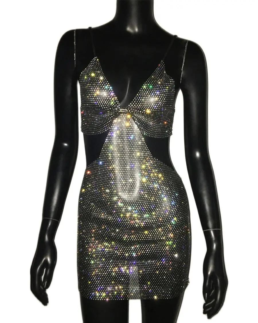 Glitter Strass Mesh Mini Jurk Y 2K Doorzichtig Visnet Backless Diepe V-Hals Jurk Voor Vrouwen Feest Nachtclub Jurken