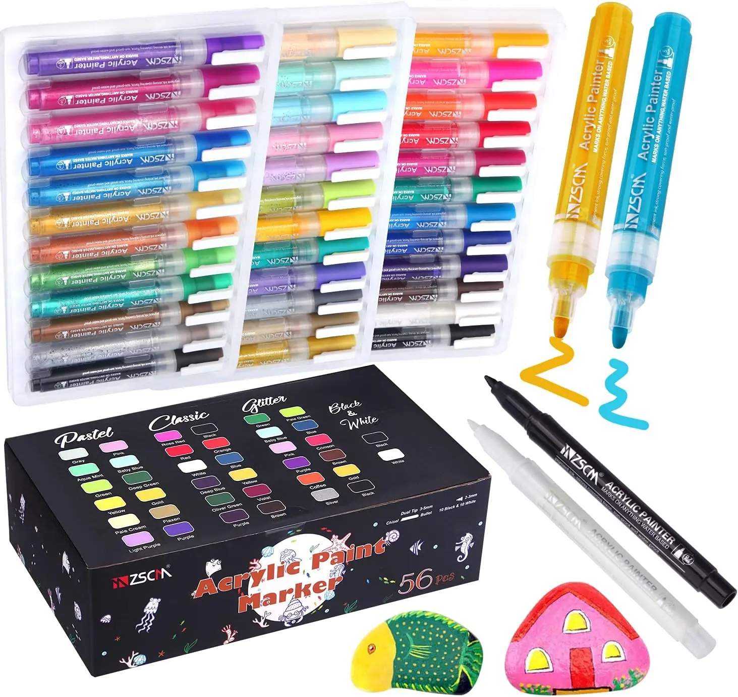 Paint Pens Acrylic Markers, 56 Colors Paint Markers for Halloween Pumpkin Painting, Metallic Art Marker, for Kids Adults