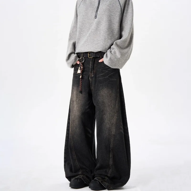 Men American Retro Jeans Black Vintage Baggy Wide Leg Denim Pants Loose Drapey Baggy Streetwear Long Trousers