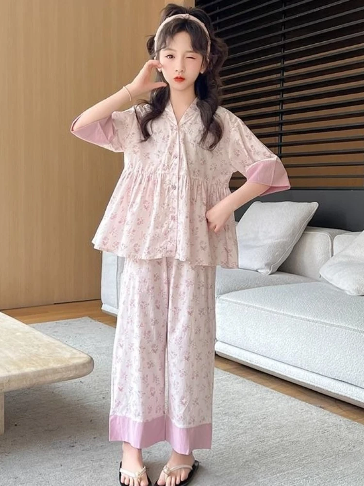 Girls Summer Pajamas Set 3/4 Sleeve Loose Korean Style Home Loungewear Air Conditioning Wear