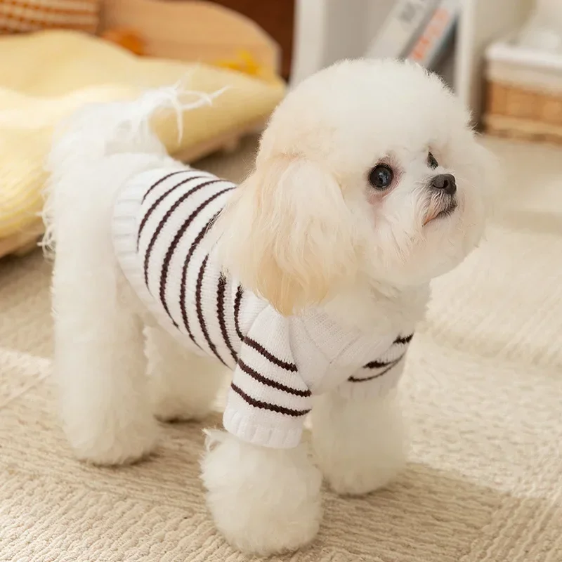 Simple Striped Button Sweater for Dogs in Autumn and Winter Cat Warm Teddy Warm Knit Sweater Pet Clothes Puppy Clothes