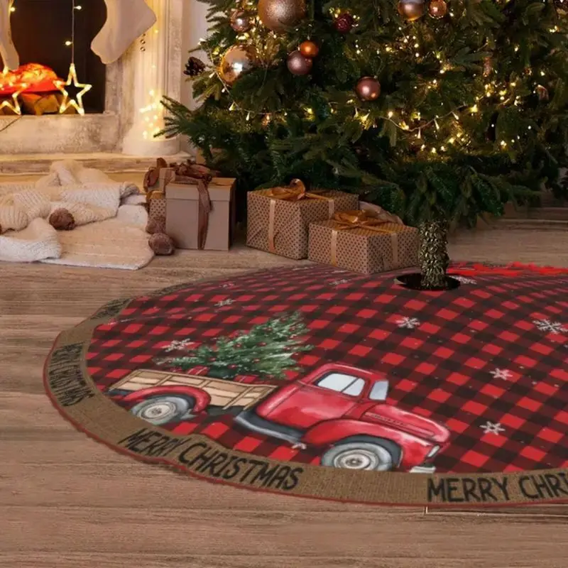 VIKAMA Red Truck Tree Skirt Buffalo Plaid Vintage Pickup Xmas Base Cover Soft Washable Holiday Mat 2027 Christmas Home Decor