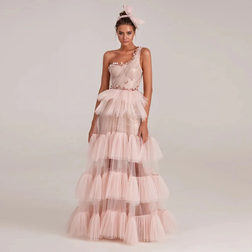 Luz rosa lantejoulas vestidos de noite moda um ombro em camadas plissado vestidos de festa elegante até o chão vestidos de baile femininos