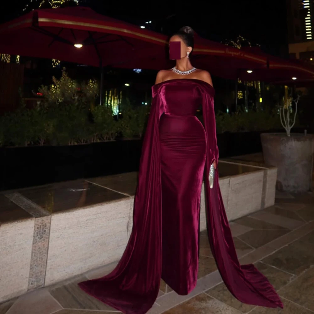 

Customized Boat Neck Burgendy Velour Evening Dress Full Sleeve Straight Simple Floor Length With Split Party Prom Gown For Women