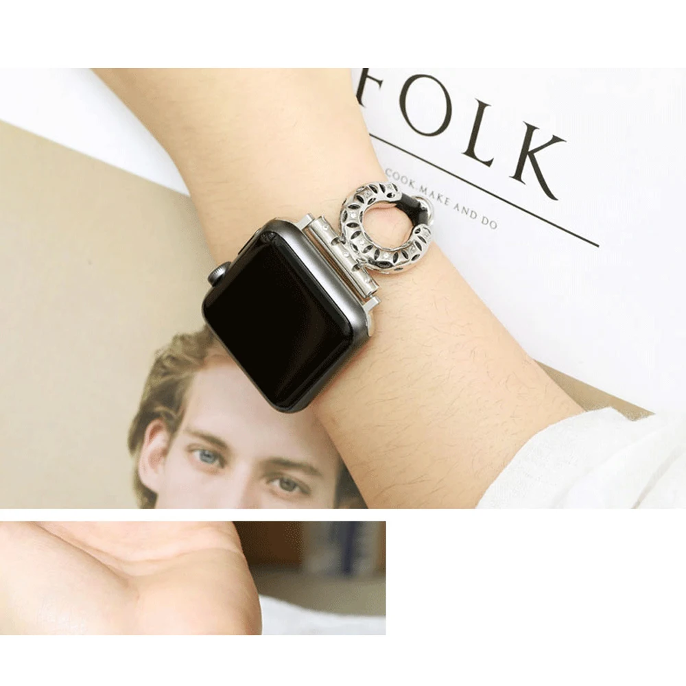 Pulseira de aço inoxidável para Apple Watch, corda de pele de carneiro, 44mm, 45mm, 40mm, 49mm, 41mm, iWatch Series 9, 8, SE, Ultra 2