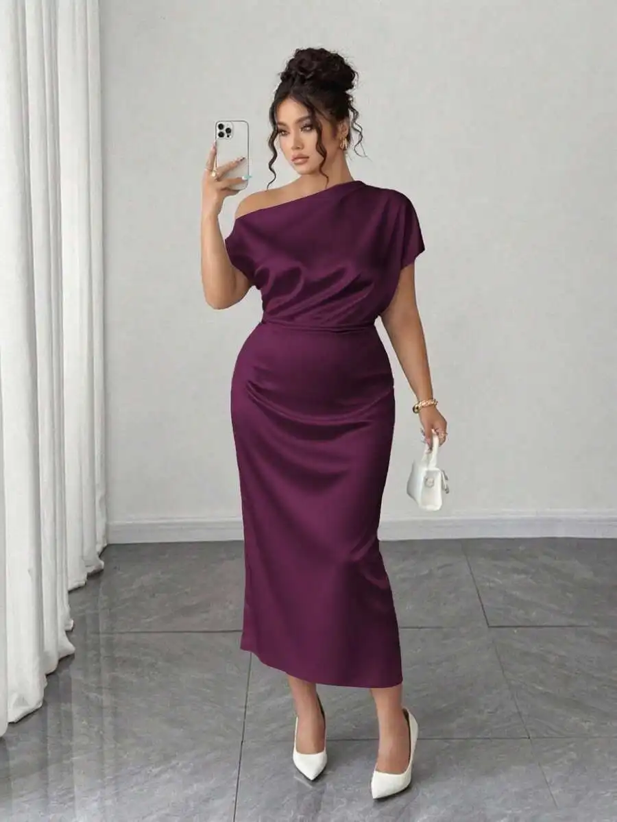 Purple Satin Off Shoulder Asymmetrical Ruched Waist Bodycon Midi Dress For Women