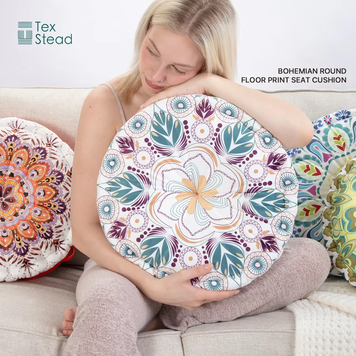 400TC Bohemian Round Pillow,Wheel Shape Cotton-Poly Filled Cushion,Soft Mandala Floor Meditation Seat,Indoor Outdoor Decor