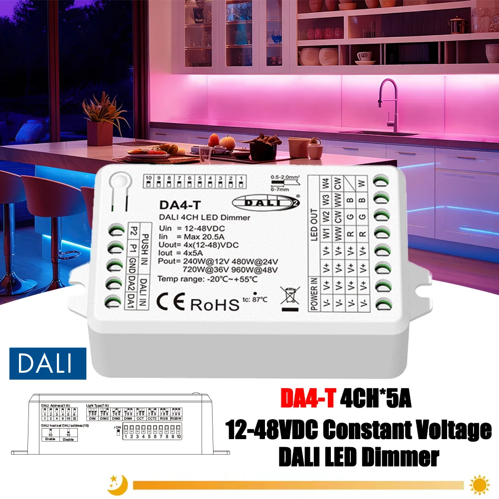 

DALI Dimmer DA4-T DT6 DT8 Constant Voltage Push Switch Dimmer for Single Color CCT RGB RGBW Dimmable LED Light 4CH*5A 12-48VDC
