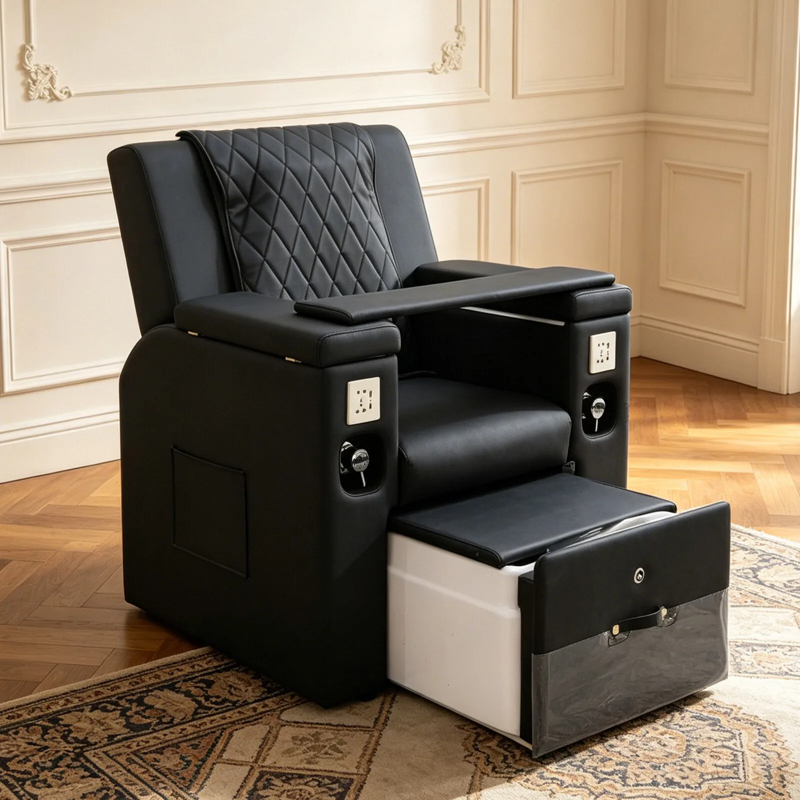 Electric Pedicure Chair Reclining Massage Nail Salon Foot Bath Chair Pull Out Tub Power Outlet No Plumbing Furniture