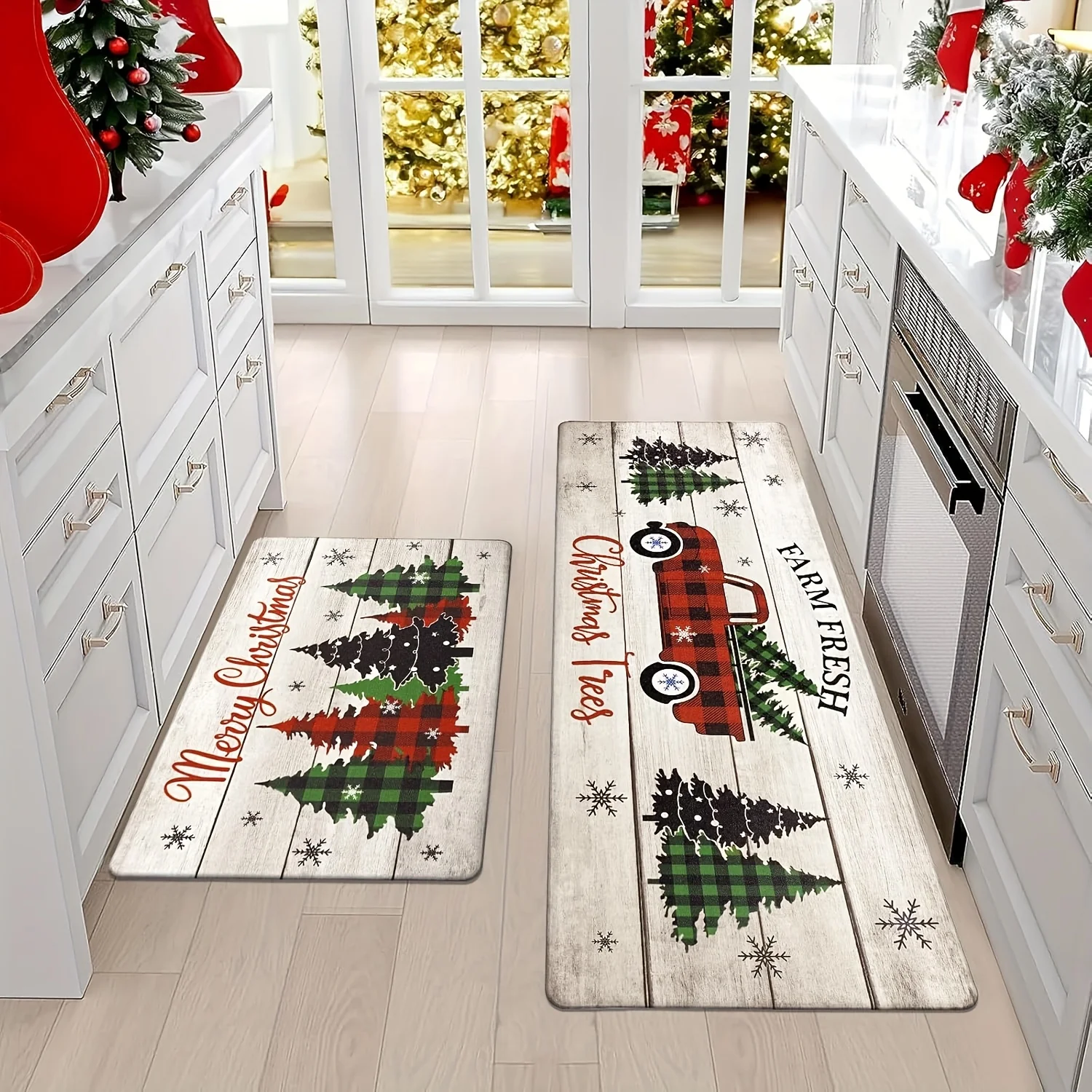 VIKAMA Farmhouse Christmas Kitchen Rug Set Non Slip Washable Wooden Plaid Pickup Truck Tree Snowflake Mat Holiday Decor