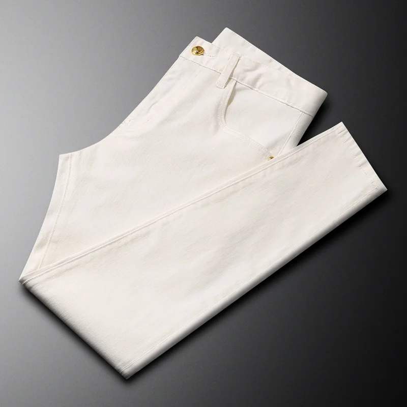 2025 Summer Trendy Brand White Jeans Men's High end Light Luxury Slim fit Small Straight Nine piece Pants Micro Elastic Pants