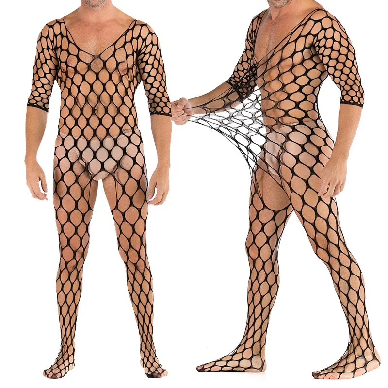 Men Sexy Tight Pantyhose See Through Body Stockings Bodysuit Underwear Jumpsuit Open Crotch Fishnet Bodystocking Gay Nightwear