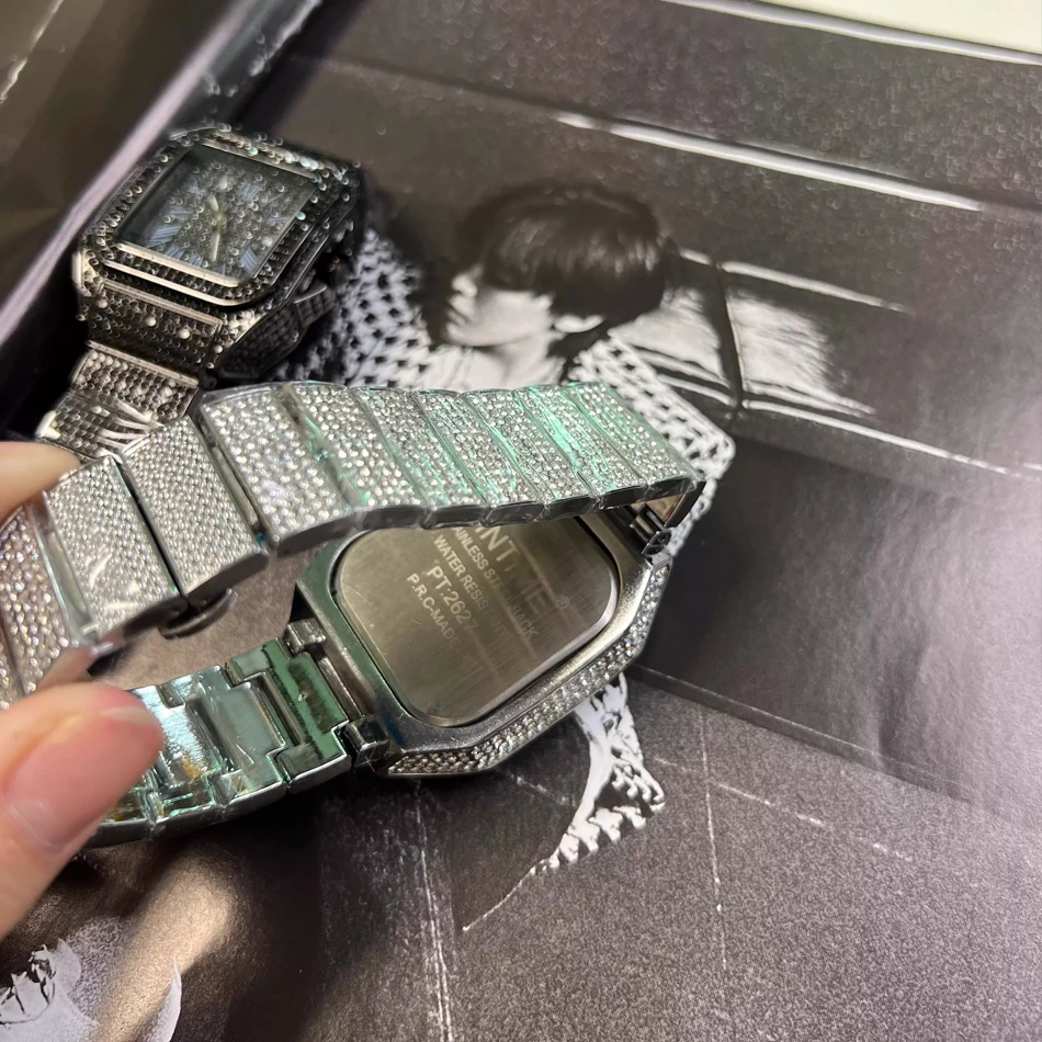 Gold or Black Watch Ice Out Square Wristwatch For Men Top Brand Luxury Full Diamond Mens Watches Waterproof Hip Hop Clock view 6
